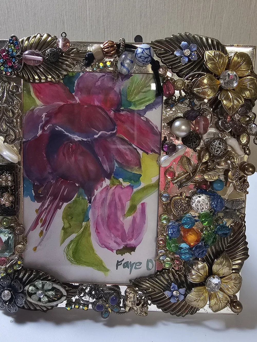 Artist Made Mixed Media Picture Frame Beaded Jewelry Mosaic Floral Art Frame